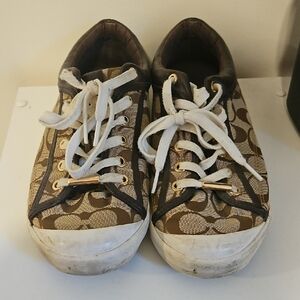 Coach Womens Low Top Signature Canvas Shoes Khaki Mahogany Size 11 lace up